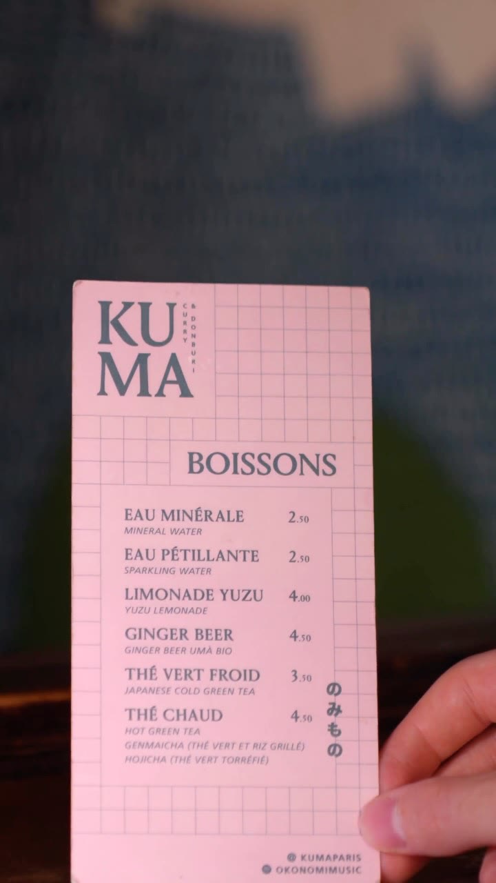 Carte des boissons de KUMA avec ginger beer, limonade yuzu et thés japonais